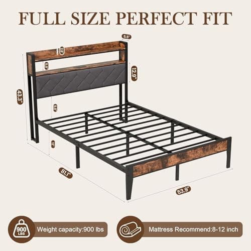 BOVONO Full Size Bed Frame with Dual-Layer Headboard and Footboard, Bed Frame Full with 2 Sockets & 2 USB & Type-C Charging Ports, Large Under Bed Storage, Without Noise, Easy Assembly, Grey - Thumbnail 2