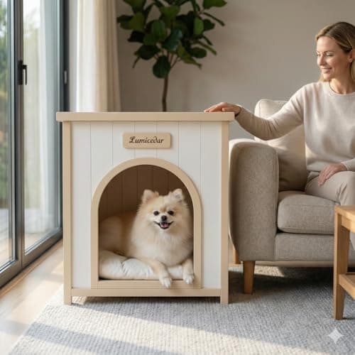 Lumicedar Indoor Dog House for Small Dogs, Solid Cedar Wood Dog House Indoor, Flat-Top Wooden Dog House, Arched Door & Soft Dog Bed, Dog House for Dogs & Cats (Natural, 20.3" D x 20.9" W x 23.6" H) - Thumbnail 4