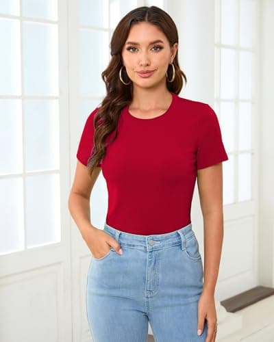 Abardsion Cotton Basic Tees for Women Spring Outfits Tops 2026 Short Sleeve Crewneck Slim Fit T Shirts (Bright Red, M) - Thumbnail 2