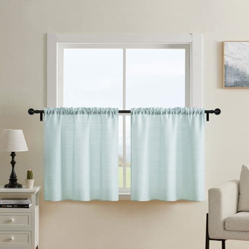 Home Queen Water Repellent Bathroom Curtains for Small Window, Short Half Window Drapes, 2" Rod Pocket, 30 W X 24 L Inch Each, Solid Blue - Image 1