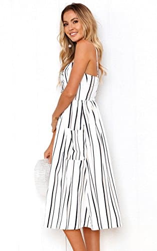 Angashion Women's Dresses-Summer Floral Bohemian Spaghetti Strap Button Down Swing Midi Dress White Striped M - Thumbnail 6