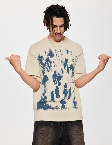 Vamtac Mens Oversized Graffiti Graphic Tees - Y2K Vintage T Shirts for Men Short Sleeve Summer Top Apricot XL - Thumbnail 3