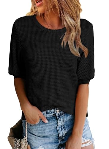 Dokotoo Women's Summer Crewneck Waffle Knit Oversized Shirt Henley Short Lantern Sleeve Tops Casual Loose Fit Blouses Black Tee Shirts Workout Tops for Women Small - Image 1