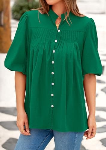 PRETTYGARDEN Women's 2026 Summer Short Lantern Sleeve Tops Loose Fit Button Down Shirt Pleated V Neck Blouses Trendy Clothes (Green,Medium) - Thumbnail 5