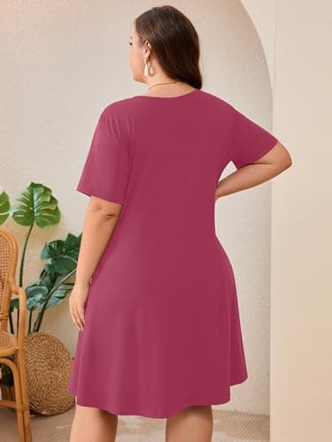 AusLook Plus Size Midi Dress for Women Purple Red 2X Short Sleeve Loose V Neck Summer Casual A Line Knee Length Work Outfit T Shirt 2026 Sundresses with Pockets - Thumbnail 6