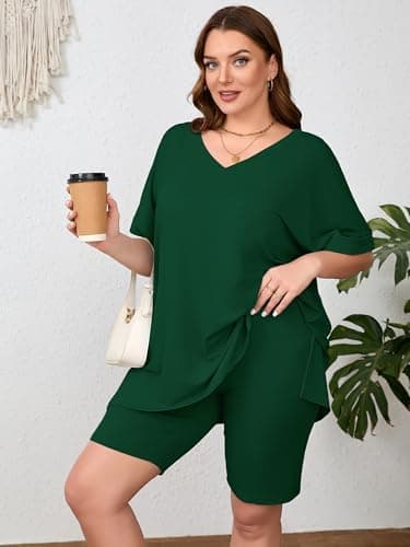 AusLook Women's Plus size 2 Piece Short Outfits Set Short Sleeve Tops and Shorts Pants Dark Green 5X Casual Comfy Soft Ladies Short Sleepwear Lounge Pajama Matching Set - Thumbnail 3
