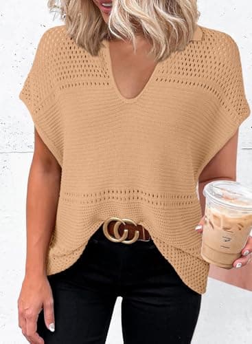 Dokotoo Women's Plus Size V-Neck Short Sleeve Waffle Knit Tunic Top Brown XL - Thumbnail 3
