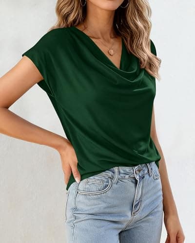 BTFBM Cowl Neck Tops for Women 2026 Summer Womens Tops Dressy Casual Business Blouses Short Sleeve Shirts Spring Outfits(Green, Large) - Thumbnail 5