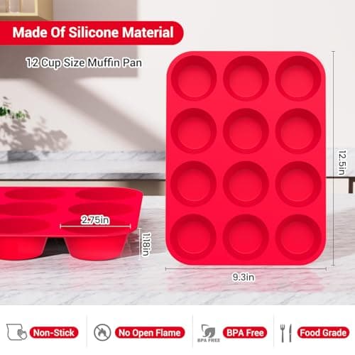 Redfly 2 Pack Silicone Muffin Pans for Baking & Cupcake Pan - 12 Cup Regular Size Silicone Molds, BPA Free Egg Bites Mold - Thumbnail 3