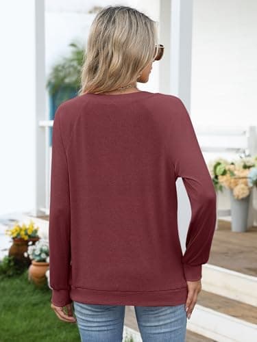 GKBK Womens Sweatshirts Long Sleeve V Neck Tops Fall Winter Basic Casual Lightweight Pullover Shirt Wine - Thumbnail 4