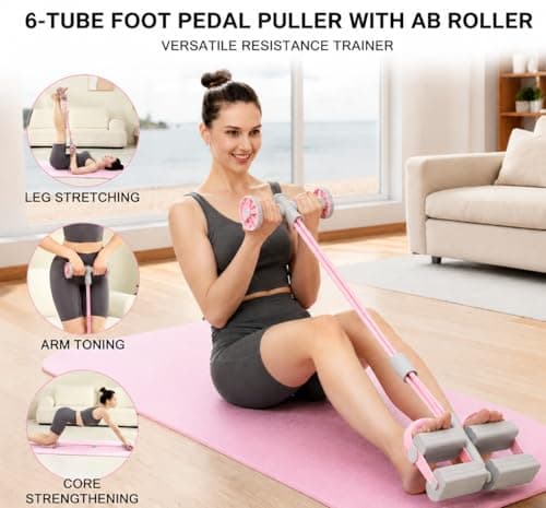 Pedal Resistance Bands with Handles,Soft Puller Exercise with Thickened 6 Tension Ropes,Tube Pedal Resistance Device for Abdomen Waist Arm Leg Core/ABS Yoga Pedal Puller Resistance Band (Pink) - Thumbnail 2