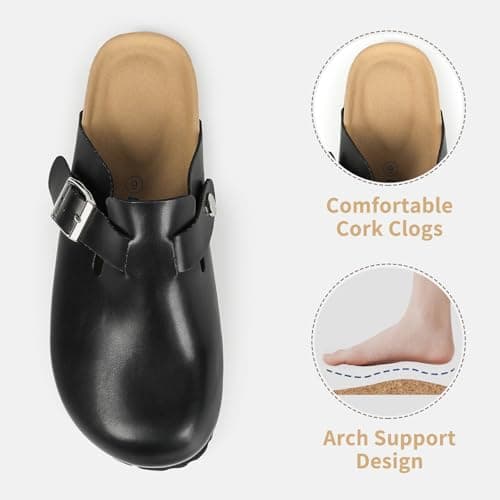 Dumalum Womens Black Clogs Leather Mules Cork Footbed Potato Shoes Comfort Slip on Sandals with Arch Support Clogs for Women Men Dupes Unisex Home Slipper - Thumbnail 5