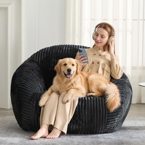 HUGHEAVEN Bean Bag Chair for Adults & Kids, Bean Bag with Armrests, Cozy Reading Chair with Back Support,Sofa for Bedroom, Living Room, Black - Thumbnail 5