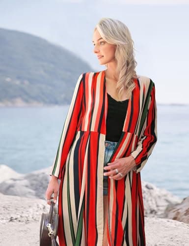 Women's Long Striped Kimono Cover Ups Lightweight Summer Cardigan Dusters Boho Sheer Colorful Rainbow Flowy Small - Thumbnail 4