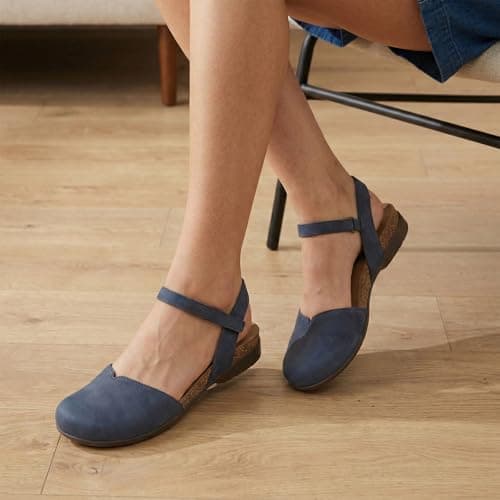 Athlefit Closed Toe Sandals for Women Comfort Cork Footbed Arch Support Flat Sandals Navy Size 6.5 - Thumbnail 2