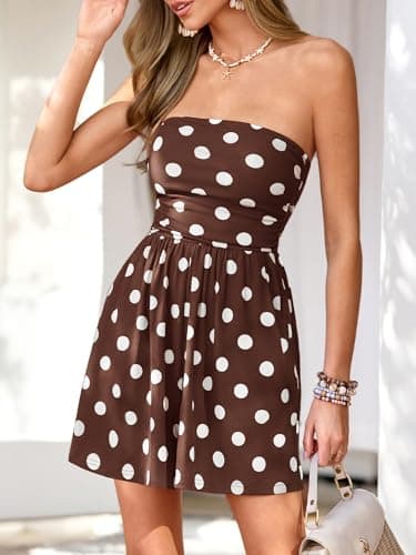 BTFBM Rompers For Women 2026 Summer Strapless Printed Tube Boho Wide Leg Beach Short Jumpsuit Spring Date Night Romper(Polka Dots Brown, Small) - Thumbnail 5