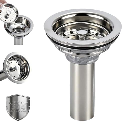 Kitchen Sink Drain Assembly, Stainless Steel Basket Strainer with Knob, 3-1/2 Inch Sink Drain Stopper Plug, Threaded Plastic Sink Strainer Tailpiece 1-1/2 in