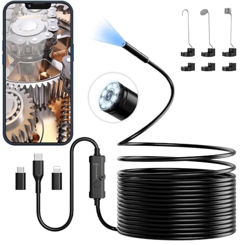 Endoscope Camera with Light, 1920P HD Borescope with 8 Adjustable LED Lights, 16.4ft Semi-Rigid Snake Camera, IP67 Waterproof 7.9mm Inspection Tools for iOS and Android - Image 1
