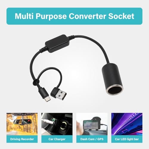 USB to Cigarette Lighter Adapter, 35cm Cable, USB A & C Input 5V, 12V Car Cigarette Lighter Socket Output, Power Converter for Dash Cam, GPS, LED Lights& More - Thumbnail 3
