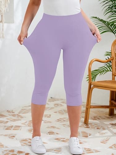 AusLook Plus Size Capri Leggings for Women with Pockets High Waisted Tummy Control Cropped Light Purple 5X Leggings Buttery Soft Stretch Casual Lounge Workout Pants - Thumbnail 4