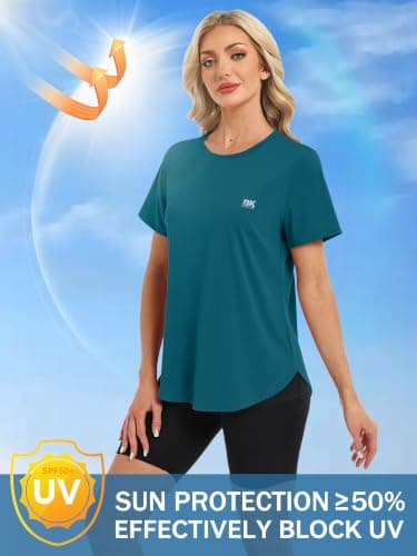 BKRIVE Workout Tops for Women Short Sleeve Sun Protection UPF 50+ Quick Dry Hiking Athletic Shirts Peacockblue L - Thumbnail 4