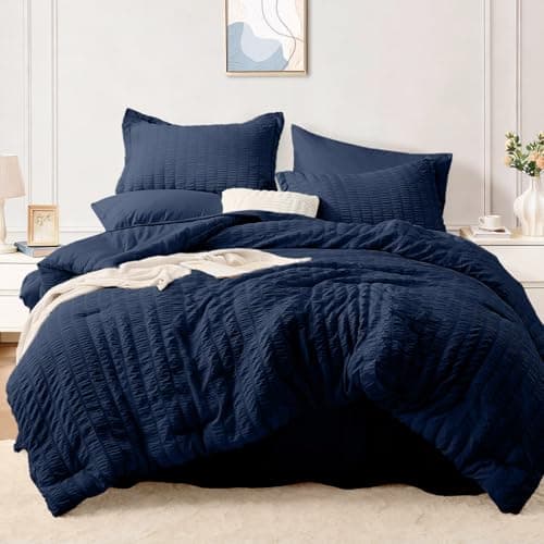 FUANNA King Size Comforter Set 7 Pieces, Luxury Seersucker Bed in a Bag King for All Seasons, Soft King Bedding Set with Comforter, Flat Sheet, Fitted Sheet, Pillowcases & Shams for Bedroom, Navy Blue - Thumbnail 5