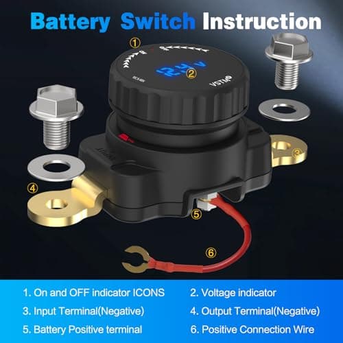 VSTM Battery Disconnect Switch, 5V-80V Side Post Battery Switch with LED Voltage Display, On/Off Master Isolator Power Shut/Cut Off for Car, Boat, RV, Truck, Camper, Trailer (Negative,Vertical) - Thumbnail 6
