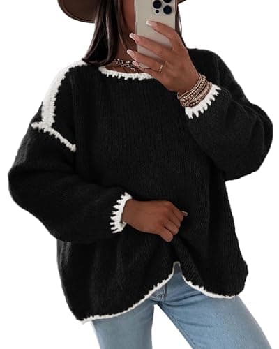 KIRUNDO Womens Sweaters 2026 Fall Oversized Long Sleeve Chunky Knit Crew Neck Contrast Stitching Pullover Winter Clothes(Black, X-Large) - Image 1
