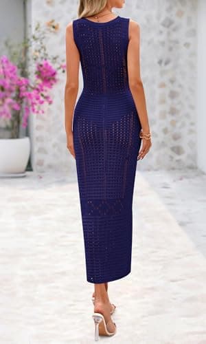 BTFBM Crochet Swimsuit Coverup for Women Summer Outfits Spring 2026 Swimwear Bathing Suit Cover Up Beach Vacation Clothes(Navy, Large) - Thumbnail 3