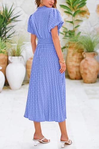 PRETTYGARDEN Summer Dresses for Women Midi Puff Short Sleeve V Neck Swiss Dot Pleated A Line Long Casual Wedding Guest Dress (Light Blue,XX-Large) - Thumbnail 6