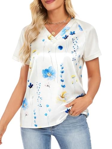 Funlingo Summer Satin Tops for Women Silk Short Sleeve Raglan Shirts V Neck Color Block Floral Blouses Summer Fashion Clothing S - Thumbnail 2