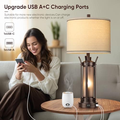 QiMH Farmhouse Table Lamps Set of 2 for Living Room, Beside Lamps for Bedroom with USB A+C Charging Ports, Rustic Nightstand Lamp with Frosted Glass Night Light, 4 Bulbs Included (Oil Rubbed Bronze) - Thumbnail 3