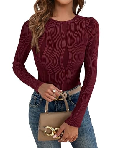 PRETTYGARDEN Women's Tops 2026 Fall Fashion Long Sleeve Crewneck Blouse Fitted Textured Basic Knit T Shirt Y2k Clothes(Dark Red,XX-Large) - Image 1