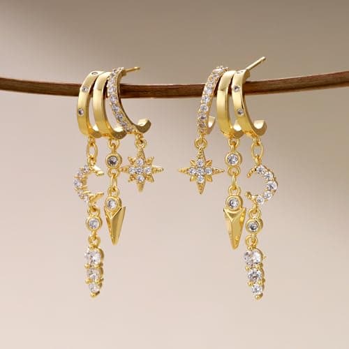 Gold Dangle Earrings for Women, 14k Gold Plated Statement Triple Hoop Illusion Gold Earrings Cubic Zirconia Star and Moon Huggie Earrings for Women Trendy - Thumbnail 5