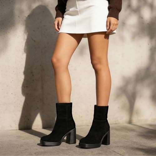Athlefit Women's High Chunky Heel Platform Ankle Boots Black Suede Size 9 - Thumbnail 4