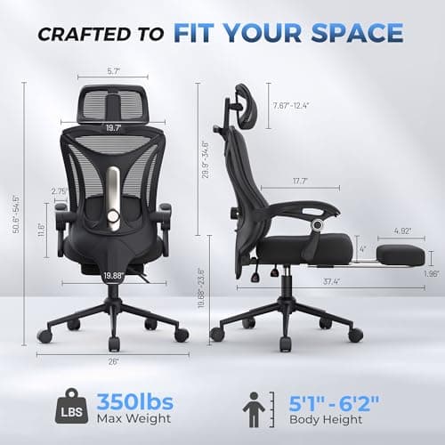 Ergonomic Office Chair with Footrest - Adjustable Lumbar Support & Headrest, 90-160° Reclining Mesh Back Computer Chair - Home Office/Gaming, 350lbs Capacity - Thumbnail 2