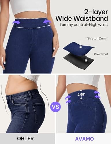 AVAMO Jeggings for Women Tummy Control Stretchy Skinny Jeans Pull On Elastic High Waisted Denim Jeans Leggings Trendy Dark Blue - Thumbnail 3