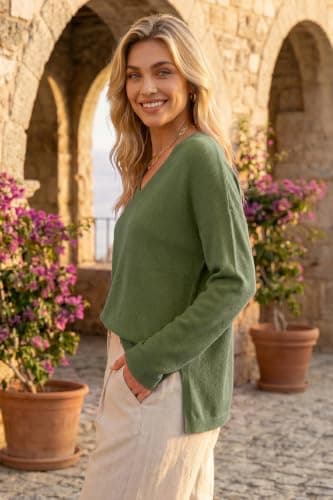 Arach&Cloz Women's Wool Blend Oversized Fall Casual Sweater Olive Green M - Thumbnail 2