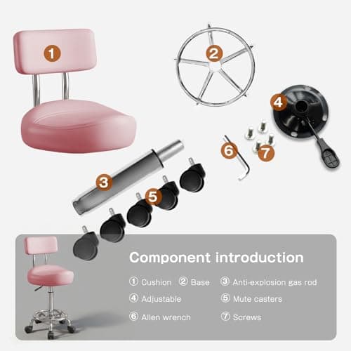 Walktory Vanity Chair with Back Small Armless Office Chair with Wheels and Footrest, PU Leather Adjustable Height Swivel Chair for Bedroom, Home Office Pink - Thumbnail 6