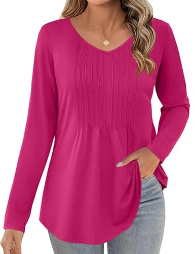 JUSTFASHIONNOW Shirts for Women Trendy Plus Size Long Sleeve Tops V Neck Dressy Blouses Pleated Maternity Shirt Tunics Early Fall Fashion Winter Clothes (Rose Red, XX-Large) - Thumbnail 3
