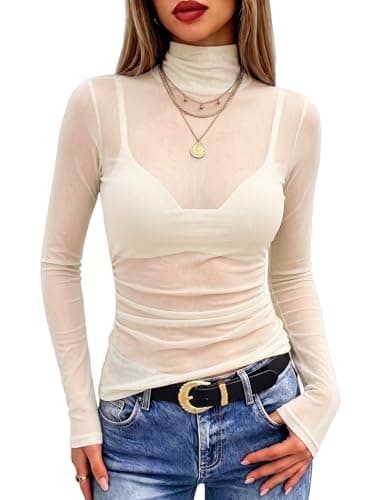 Meetrendi Women's Ruched Mesh Top Sexy Sheer Long Sleeve Mock Neck See Through Shirts Concert Outfit Beige XS - Image 1