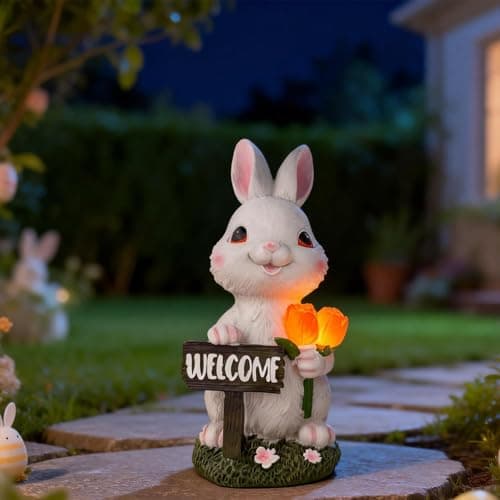 BeePeep Solar Easter Rabbit Garden Statue with LED Lights - Waterproof Resin Bunny Figurine Outdoor Decor for Yard, Patio & Lawn - Unique Hand-Painted Birthday, for Mom & Grandma (9 Inch) - Image 1