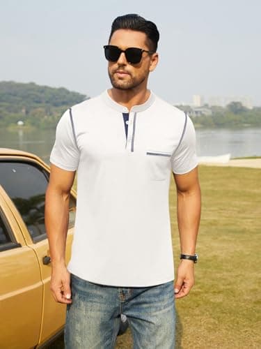 Hardaddy Men's Short Sleeve Henley Shirts Casual Summer Lightweight Button Henley Solid T-Shirt Tops White L - Thumbnail 2