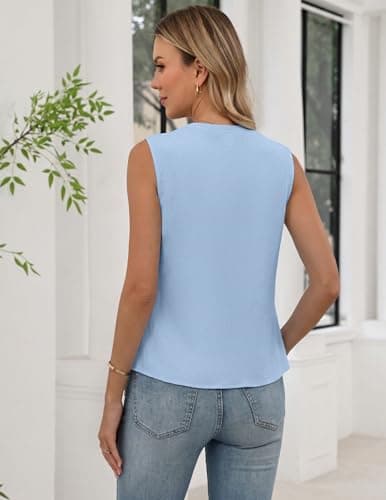 Zelroxa Womens Sleeveless Dress Button Up Down Shirt Dressy Business Casual Work Blouse Tank Tops Summer Dressy Formal Pleated V Neck Professional Office Top 2026 Trendy Outfits Clothing Sky Blue - Thumbnail 6