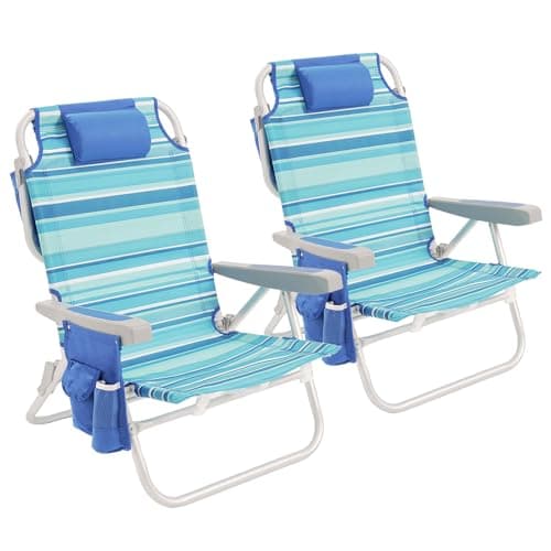 SUNNYFEEL Low Beach Chair 2 Pack 5 Position Lay Flat, Portable Folding Backpack Beach Chairs Heavy Duty with Cooler Bag, Cup Holder for Outdoor/Lawn/Picnic/Fishing, Foldable Camping Chair - Image 1