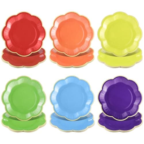 NatNarr 60 Pcs Colorful Paper Plates, 7 In Disposable Dessert Plates with Gold Edge, Scalloped Rainbow Party Plate for Wedding Birthday Baby Shower Bridal Party Supplies - Image 1
