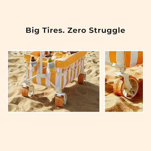 DEER LAND Beach Wagon Cart with Big 6.7" Fat Tires, Foldable Sand Wagon for Beach, Camping & Outdoor Use – Large Capacity, Easy Pull Design, Cala Serena Ochre Stripe - Thumbnail 3