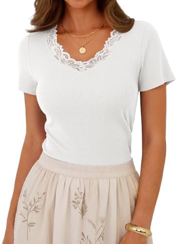 GKBK Women's Lace White Top Short Sleeve Cute Sexy Tops Y2k Basic Fitted Ribbed Shirts Going Out Summer Trending Fashion Clothes S - Thumbnail 2