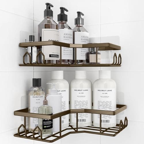 QHMCHLDZ Adhesive Shower Caddy, 2 Pack Corner Bath Organizer, Rustproof Stainless Steel Shower Shelves with Large Capacity, No Drilling Shelves for Bathroom Storage, Home, Kitchen Decor (Brown). - Image 1