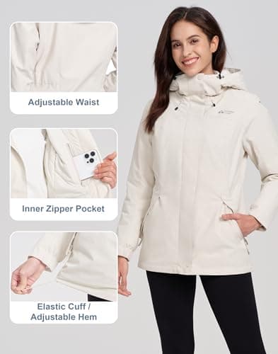Pioneer Camp Ski Jacket for Women with Fleece Lined Hood Water Resistant Windproof Coat, Off White, M - Thumbnail 6
